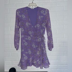 Womens Lush Wrap Dress Purple with Floral Design Medium V Neckline Fit and Flare